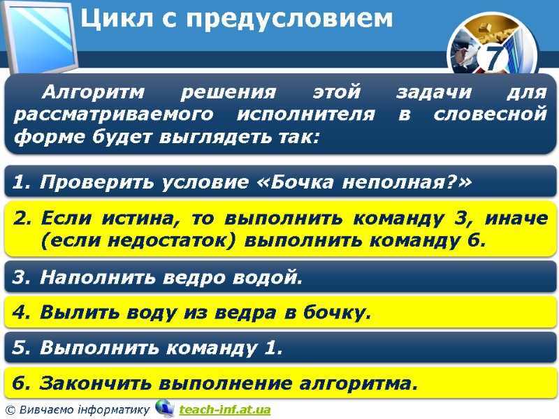 Цикл с предусловием Алгоритм решения этой задачи для рассматриваемого исполнителя в словесной форме будет